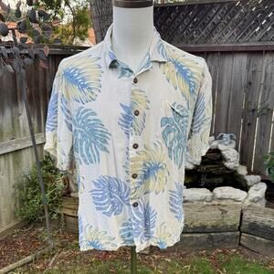 Sunny Island Hawaiian Button Up Tropical Leaf Rayon Shirt Men's Size Medium